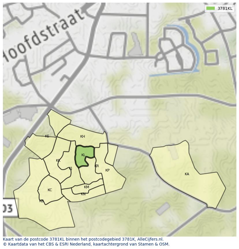 Afbeelding van het postcodegebied 3781 KL op de kaart.