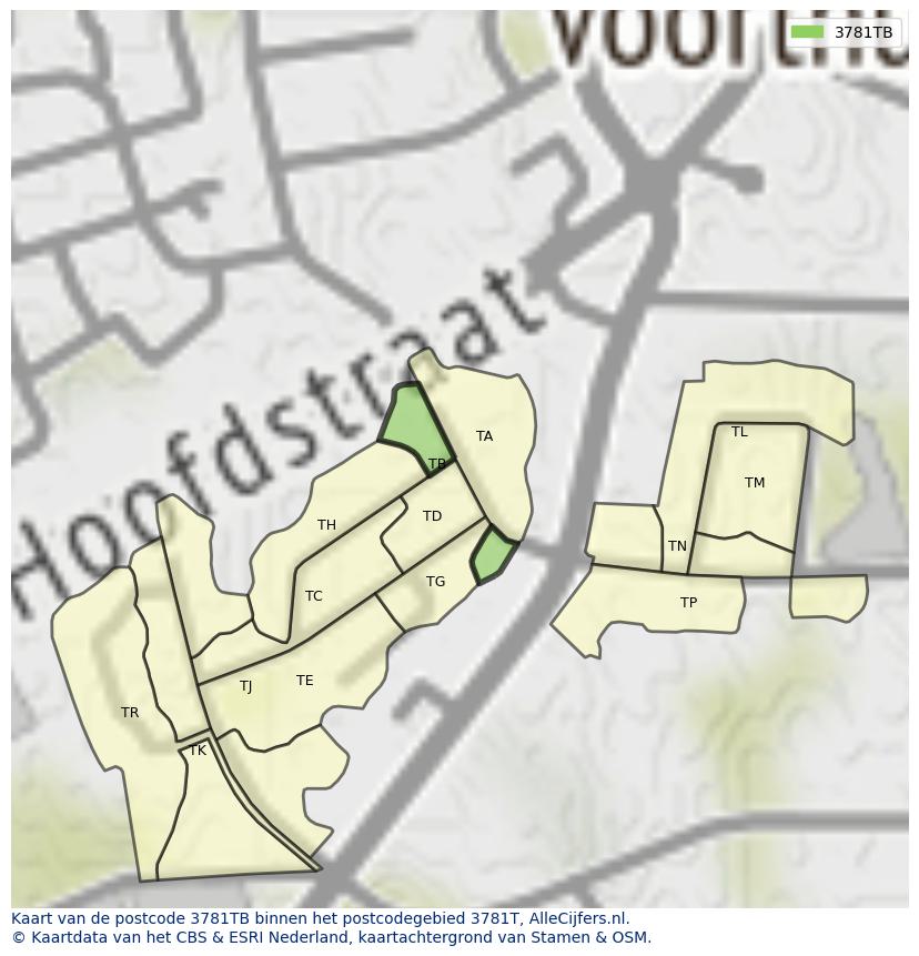 Afbeelding van het postcodegebied 3781 TB op de kaart.