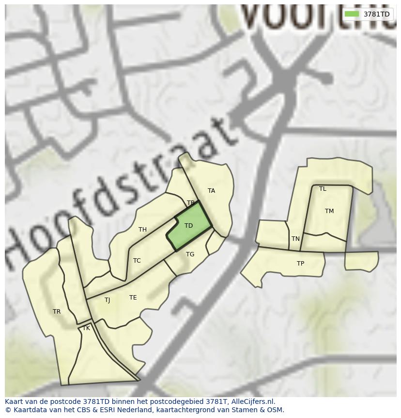 Afbeelding van het postcodegebied 3781 TD op de kaart.