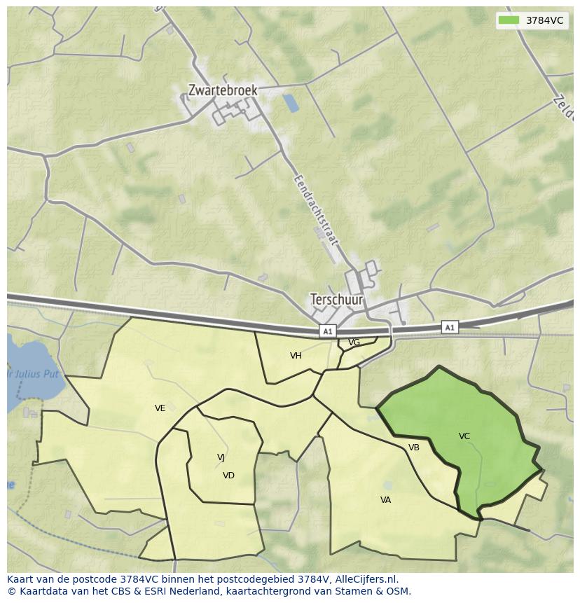 Afbeelding van het postcodegebied 3784 VC op de kaart.