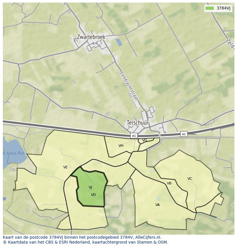 Afbeelding van het postcodegebied 3784 VJ op de kaart.