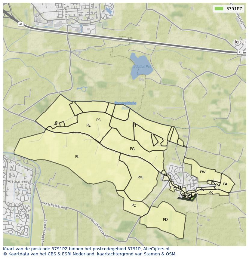Afbeelding van het postcodegebied 3791 PZ op de kaart.