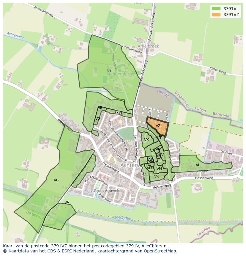 Afbeelding van het postcodegebied 3791 VZ op de kaart.