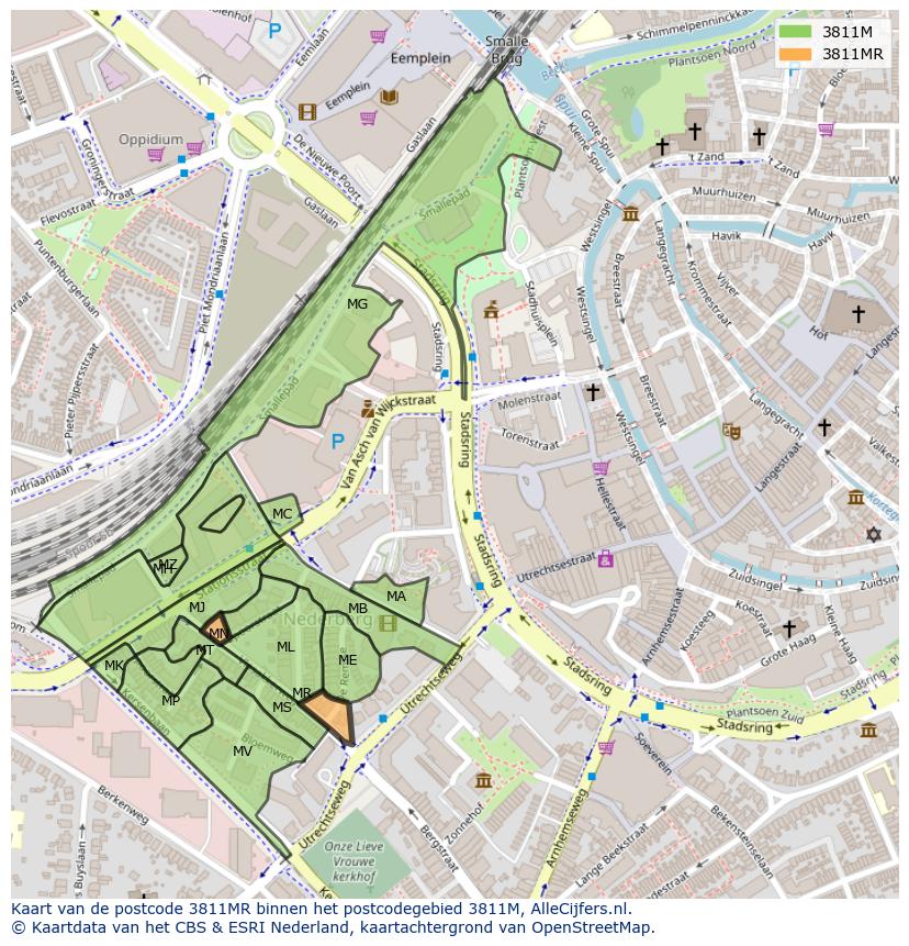Afbeelding van het postcodegebied 3811 MR op de kaart.