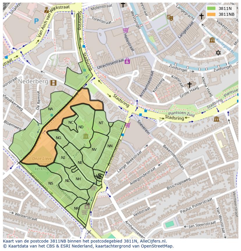 Afbeelding van het postcodegebied 3811 NB op de kaart.