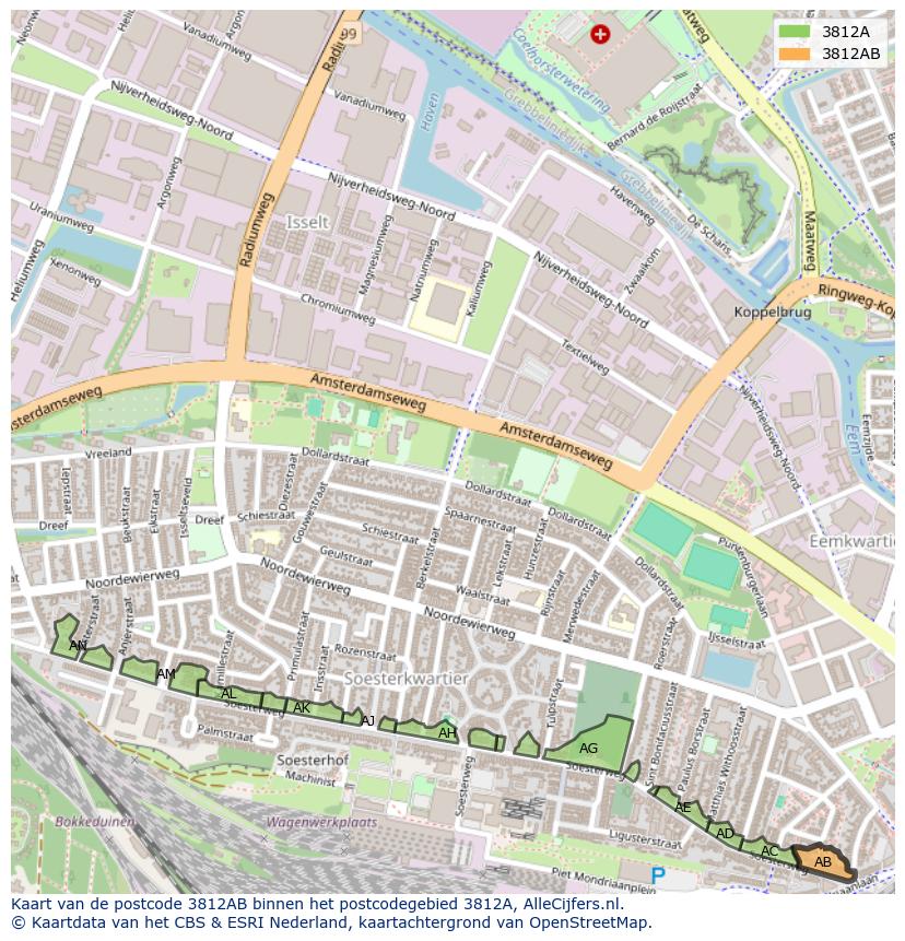 Afbeelding van het postcodegebied 3812 AB op de kaart.
