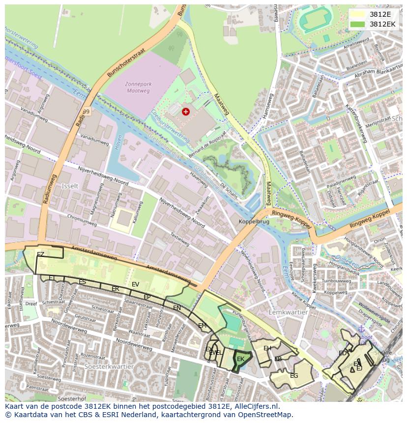 Afbeelding van het postcodegebied 3812 EK op de kaart.