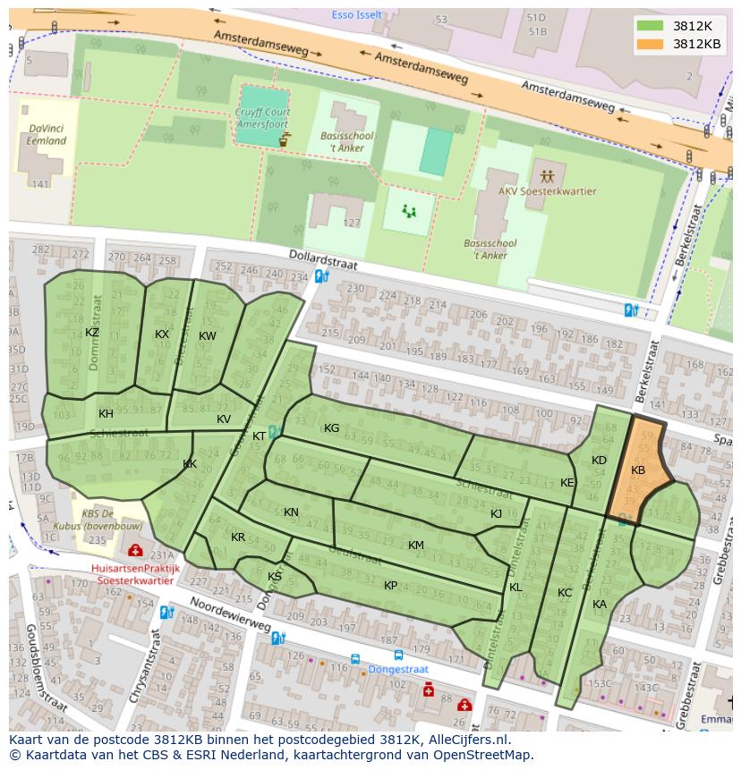Afbeelding van het postcodegebied 3812 KB op de kaart.
