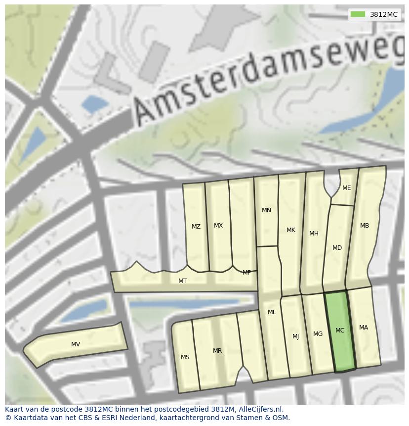 Afbeelding van het postcodegebied 3812 MC op de kaart.