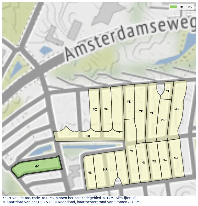 Afbeelding van het postcodegebied 3812 MV op de kaart.