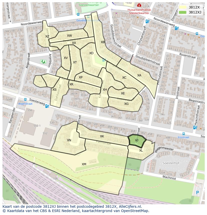 Afbeelding van het postcodegebied 3812 XJ op de kaart.