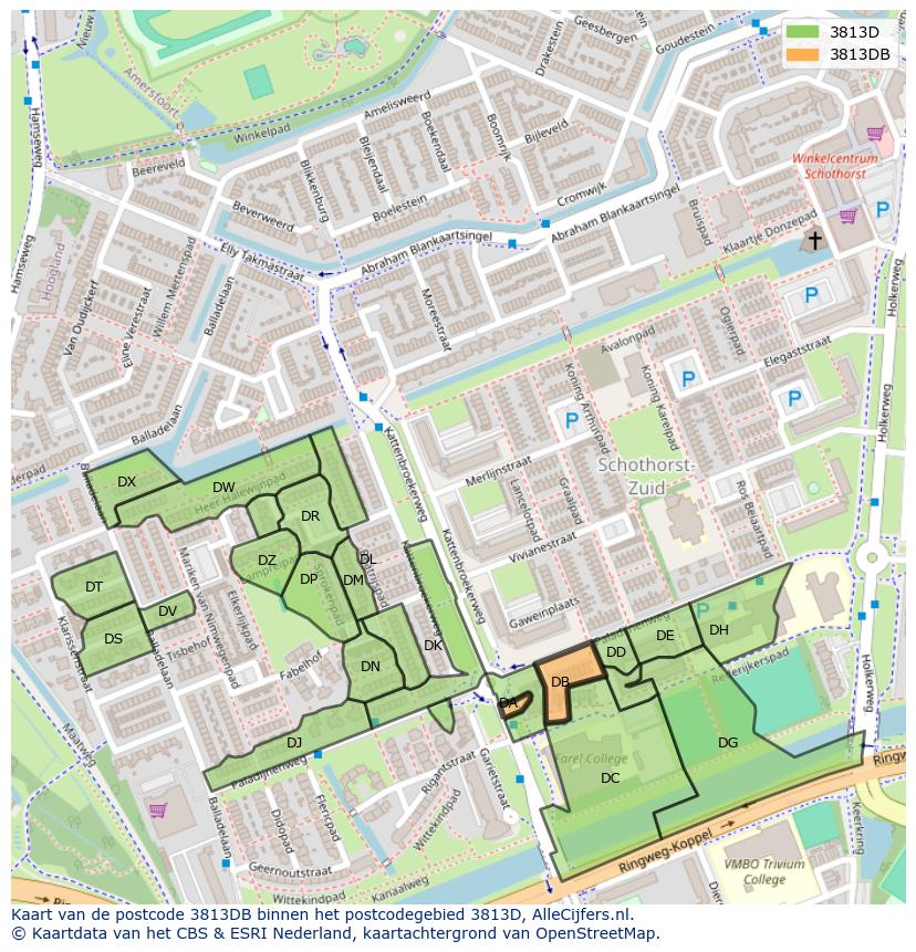 Afbeelding van het postcodegebied 3813 DB op de kaart.