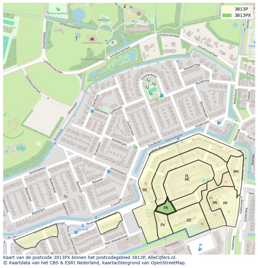 Afbeelding van het postcodegebied 3813 PX op de kaart.