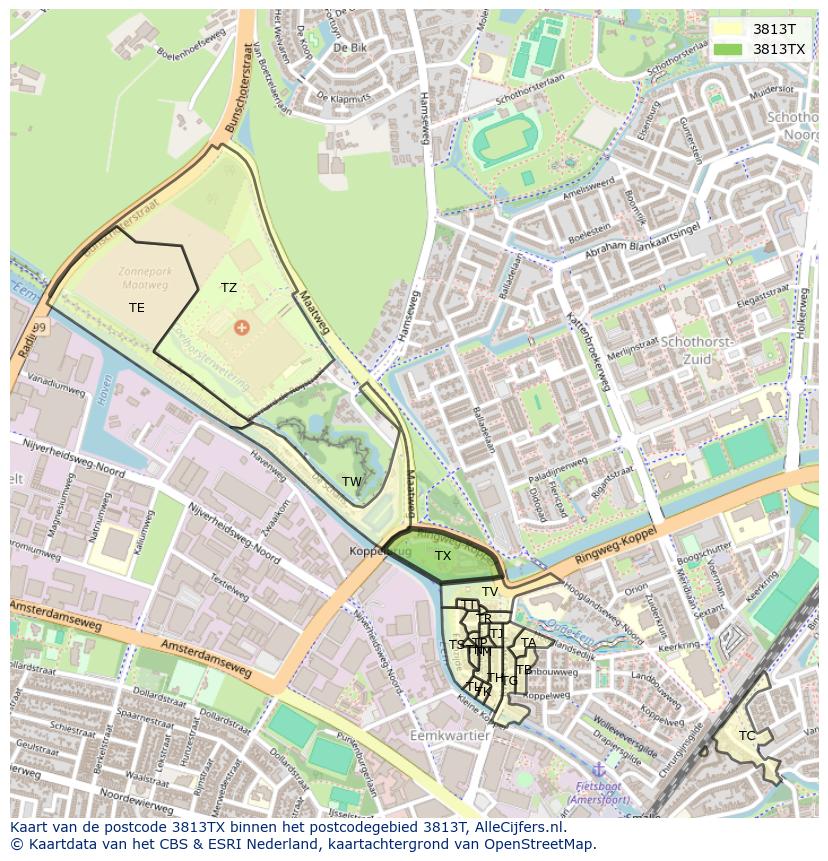 Afbeelding van het postcodegebied 3813 TX op de kaart.