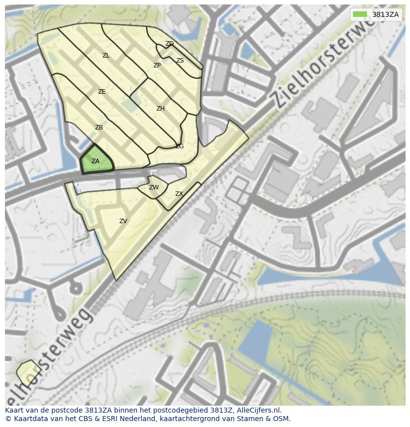 Afbeelding van het postcodegebied 3813 ZA op de kaart.
