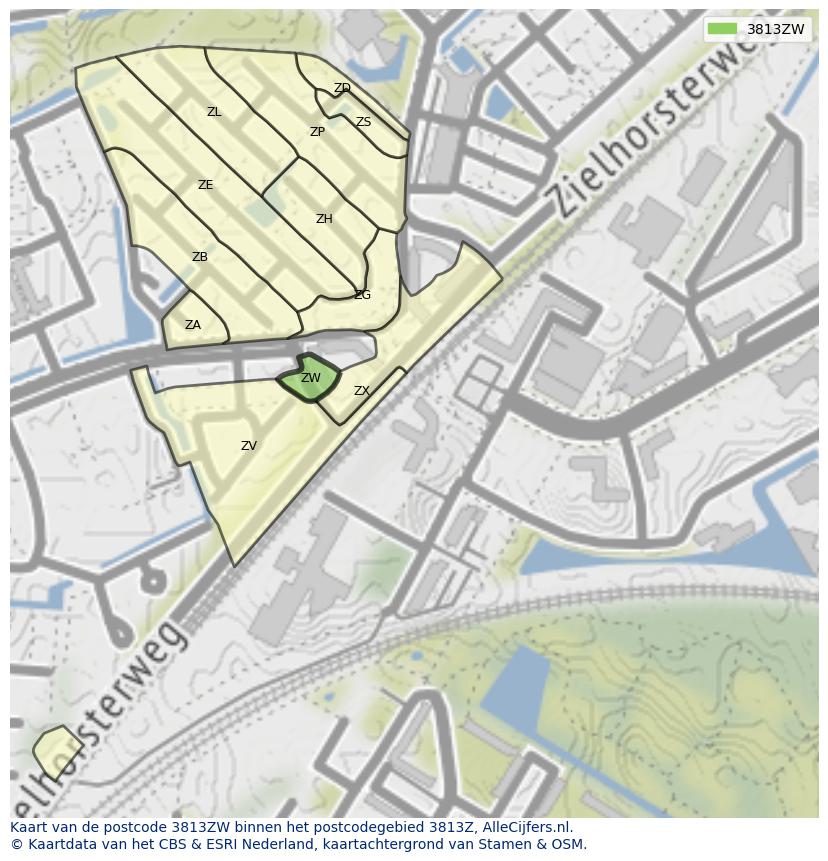 Afbeelding van het postcodegebied 3813 ZW op de kaart.
