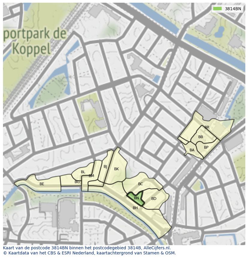 Afbeelding van het postcodegebied 3814 BN op de kaart.