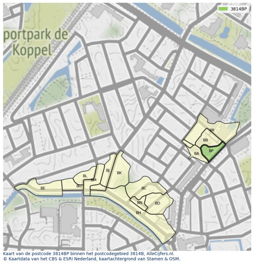 Afbeelding van het postcodegebied 3814 BP op de kaart.