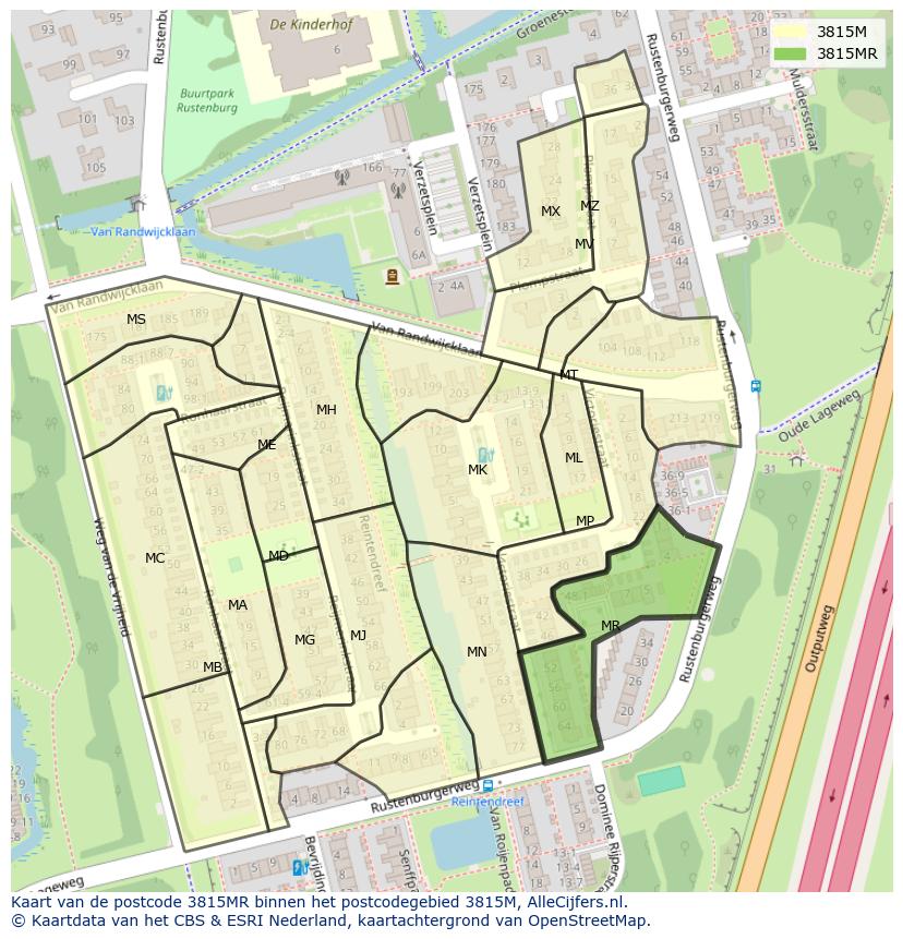 Afbeelding van het postcodegebied 3815 MR op de kaart.