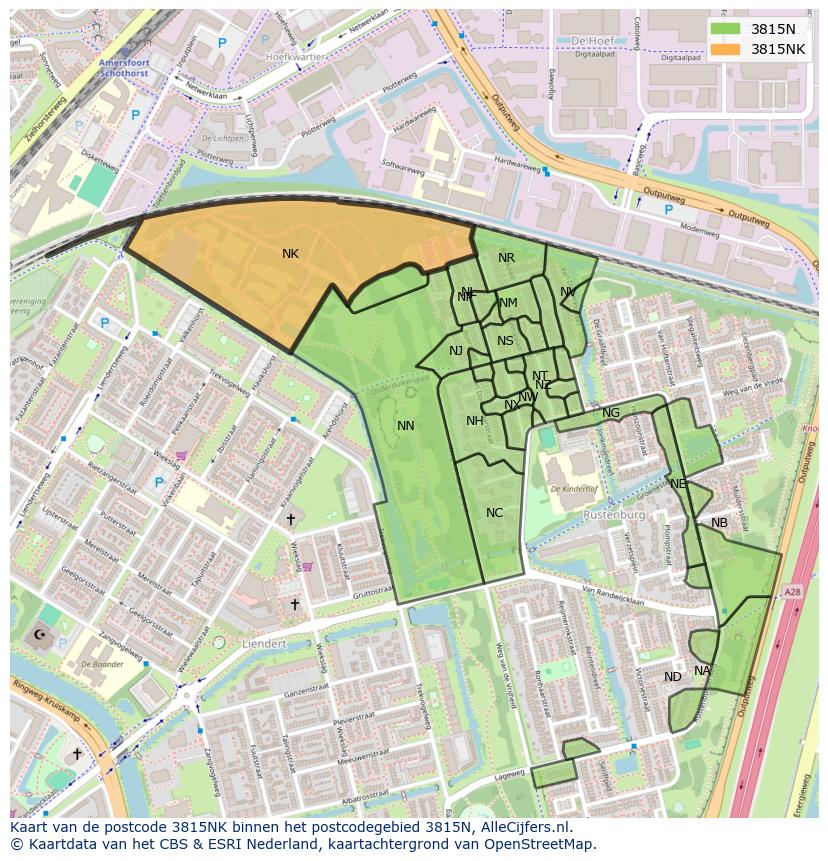 Afbeelding van het postcodegebied 3815 NK op de kaart.