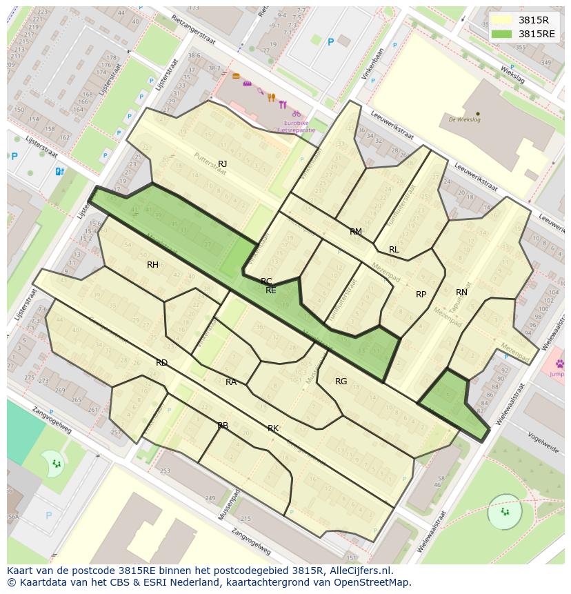 Afbeelding van het postcodegebied 3815 RE op de kaart.