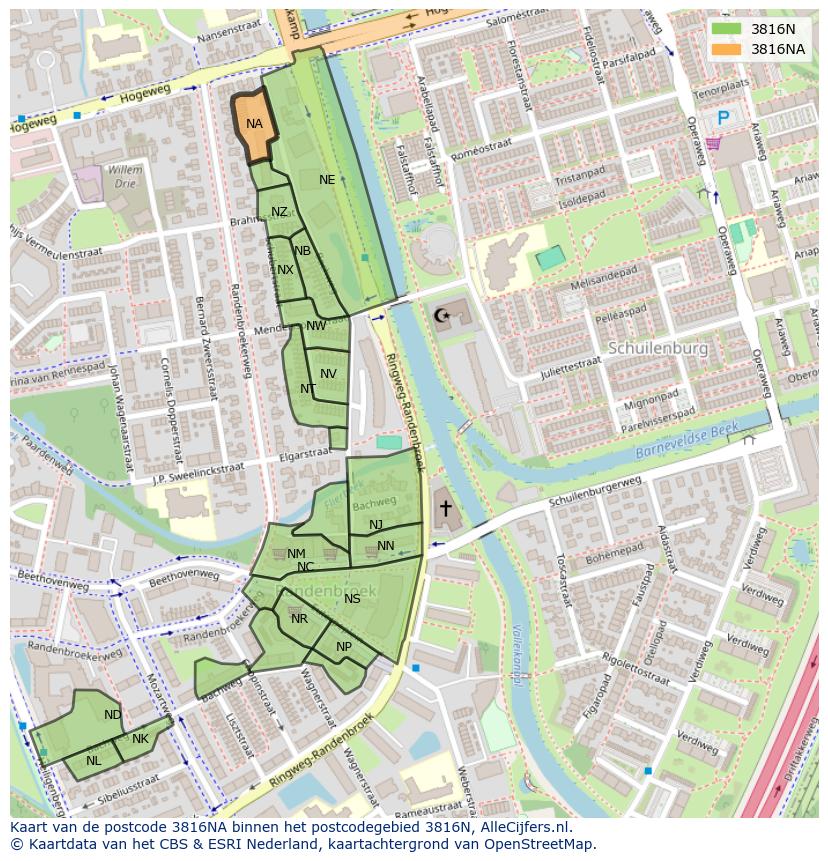 Afbeelding van het postcodegebied 3816 NA op de kaart.