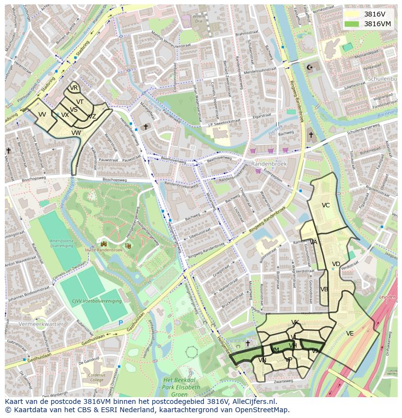 Afbeelding van het postcodegebied 3816 VM op de kaart.