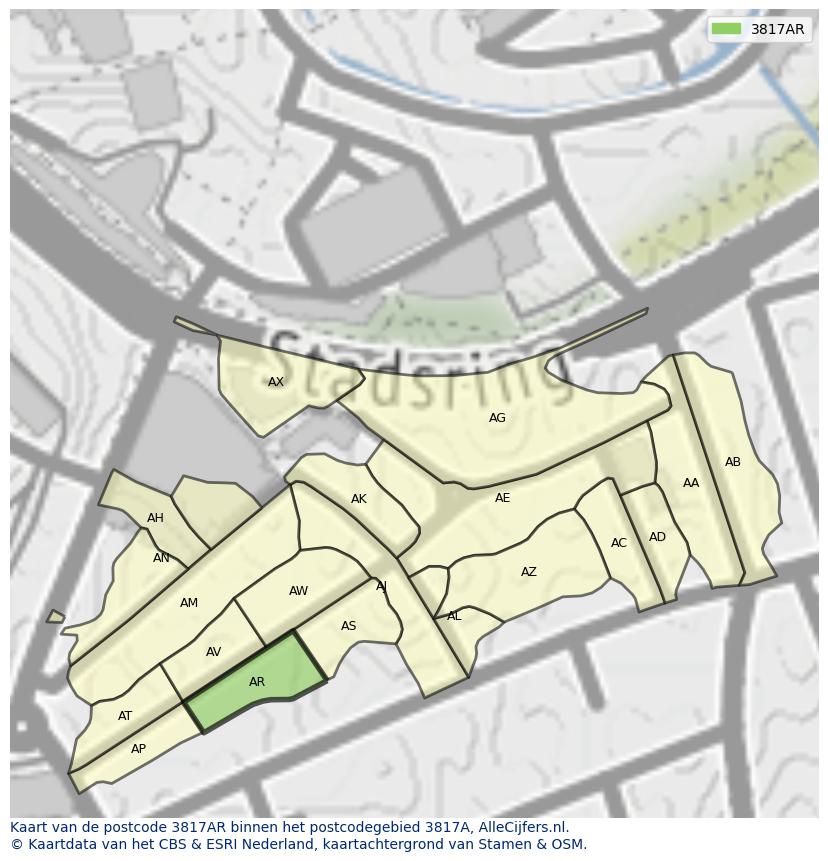 Afbeelding van het postcodegebied 3817 AR op de kaart.