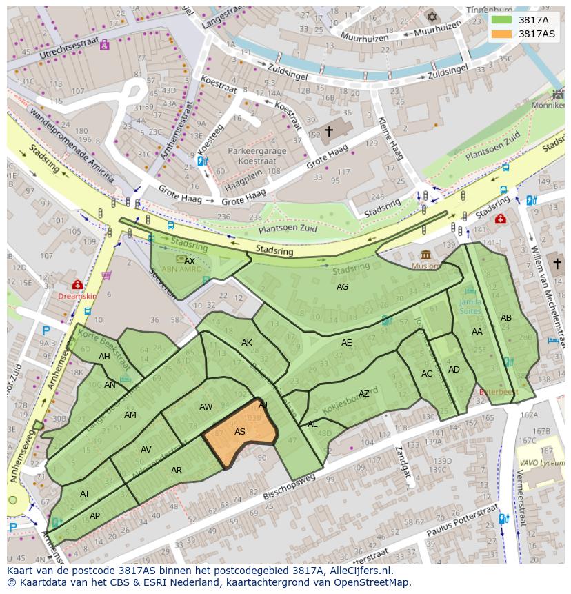 Afbeelding van het postcodegebied 3817 AS op de kaart.