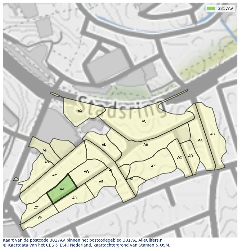 Afbeelding van het postcodegebied 3817 AV op de kaart.