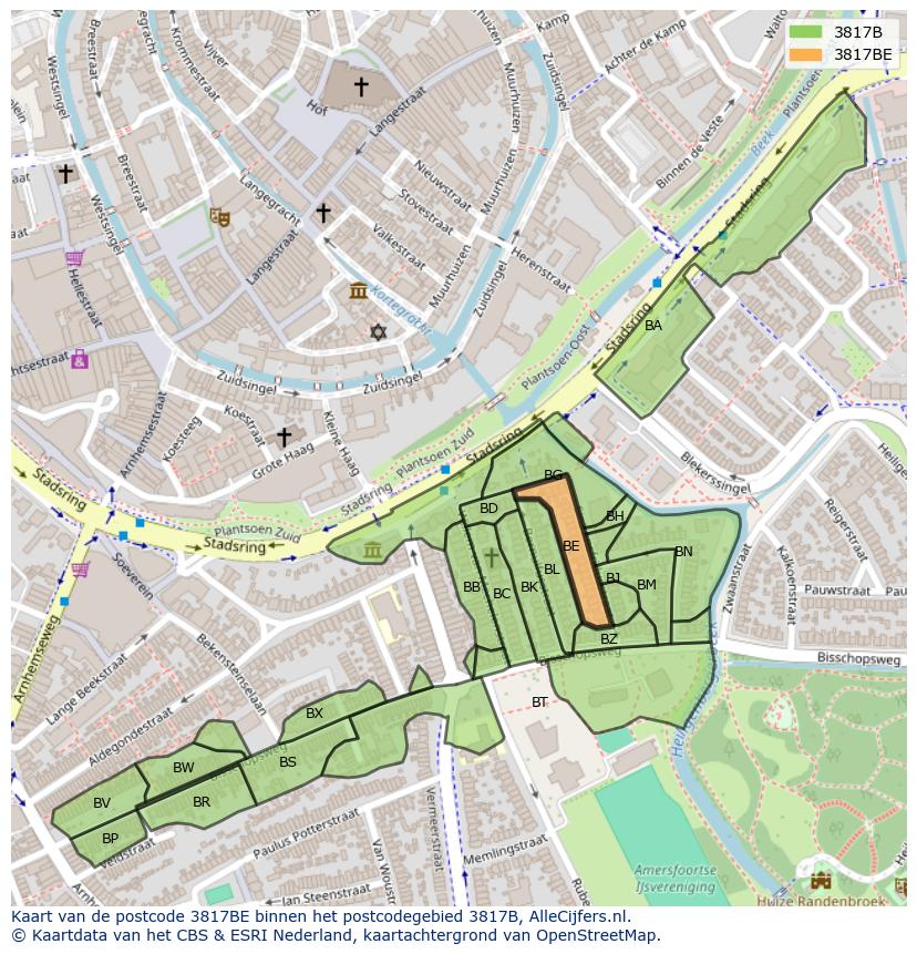 Afbeelding van het postcodegebied 3817 BE op de kaart.