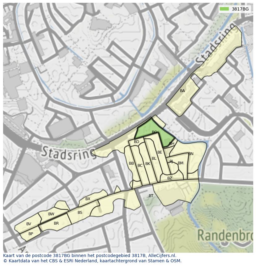 Afbeelding van het postcodegebied 3817 BG op de kaart.