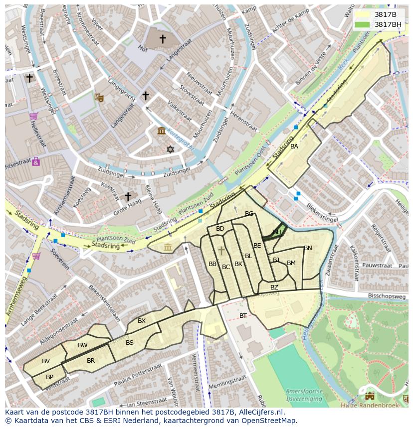 Afbeelding van het postcodegebied 3817 BH op de kaart.