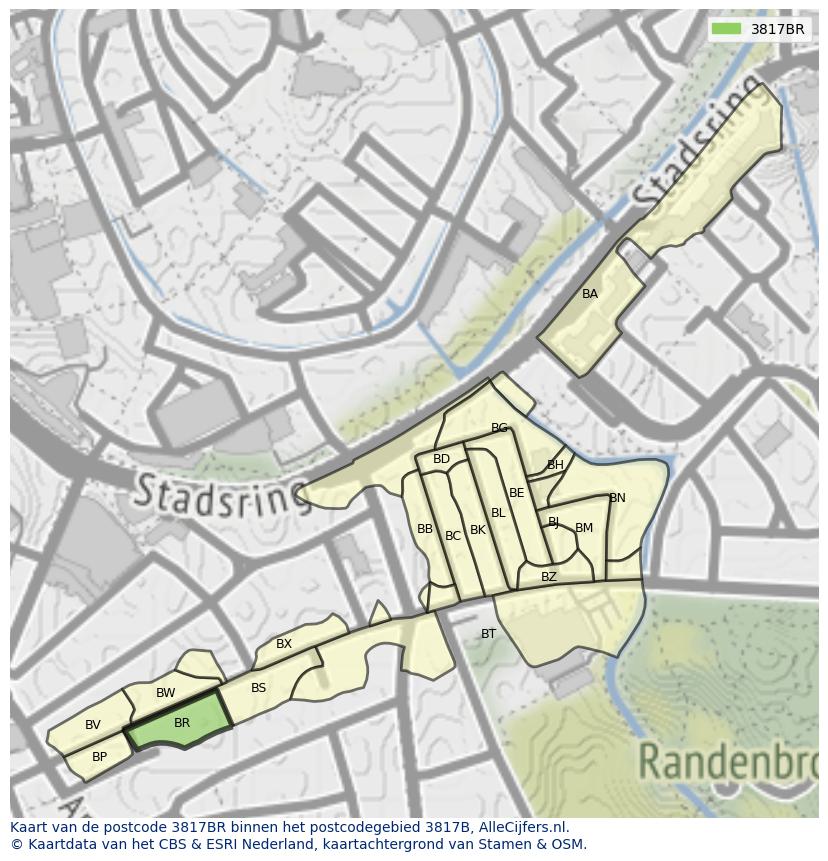 Afbeelding van het postcodegebied 3817 BR op de kaart.