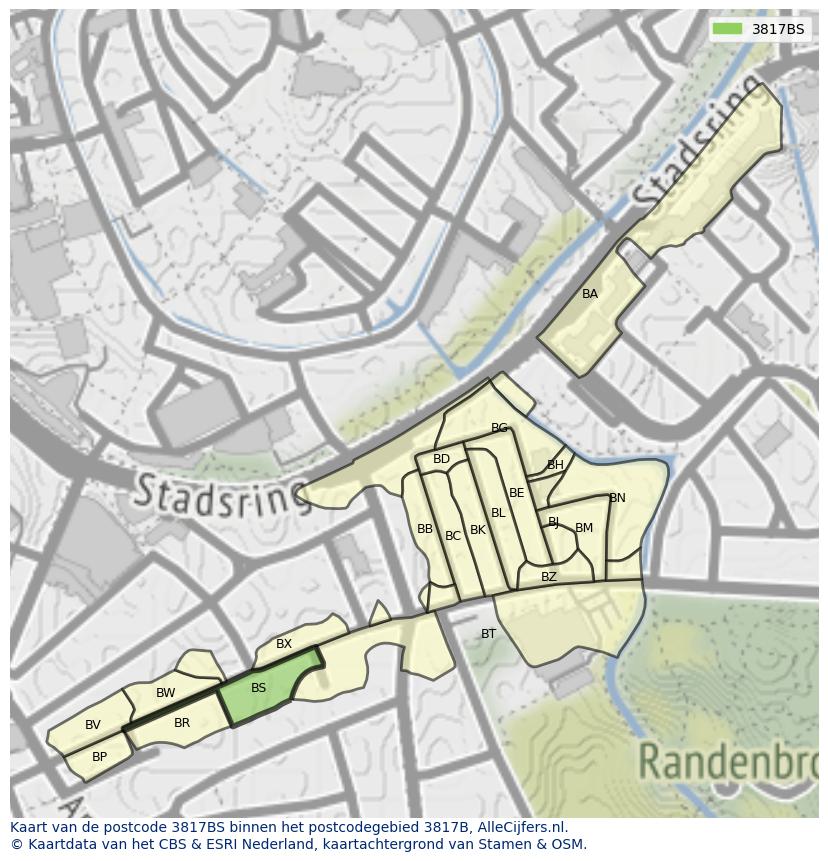 Afbeelding van het postcodegebied 3817 BS op de kaart.