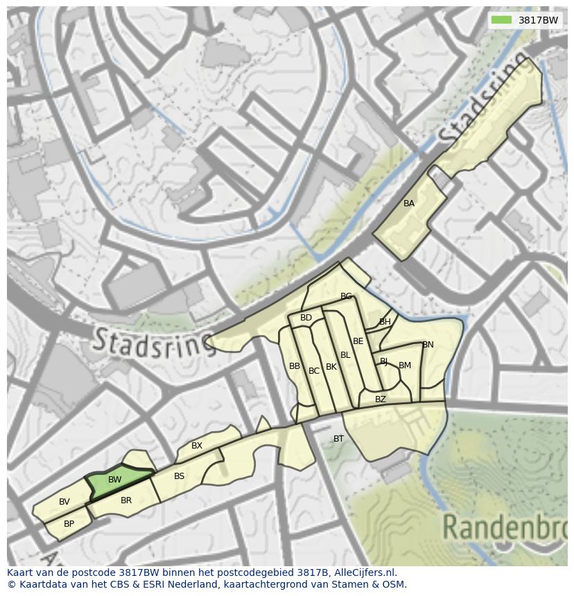 Afbeelding van het postcodegebied 3817 BW op de kaart.