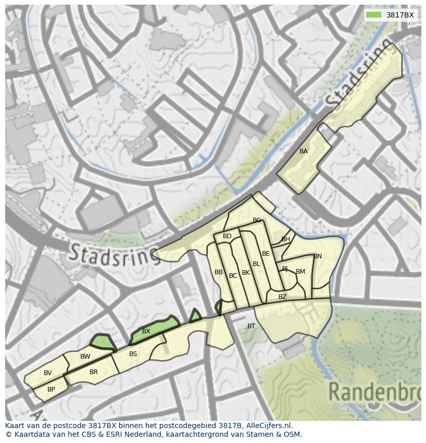 Afbeelding van het postcodegebied 3817 BX op de kaart.