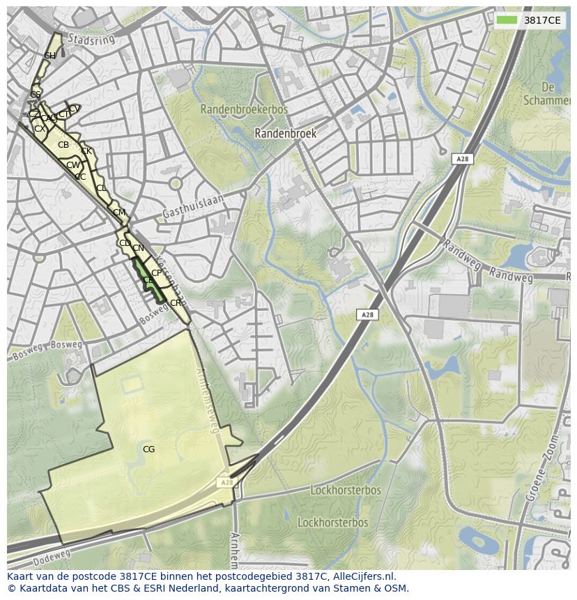 Afbeelding van het postcodegebied 3817 CE op de kaart.