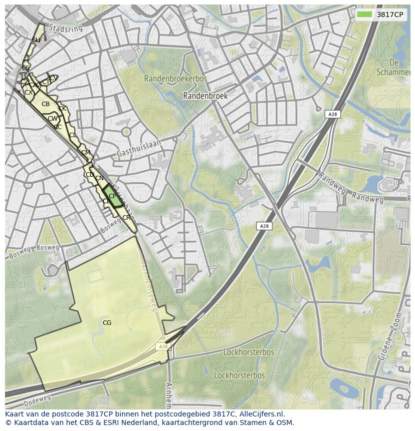 Afbeelding van het postcodegebied 3817 CP op de kaart.