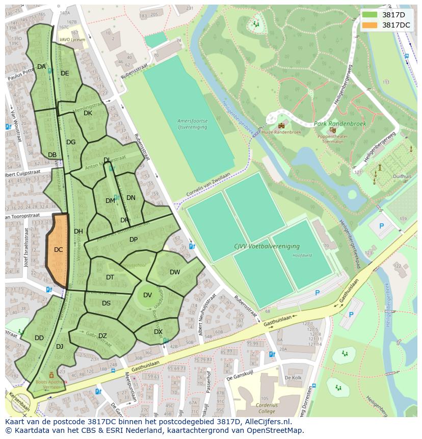 Afbeelding van het postcodegebied 3817 DC op de kaart.