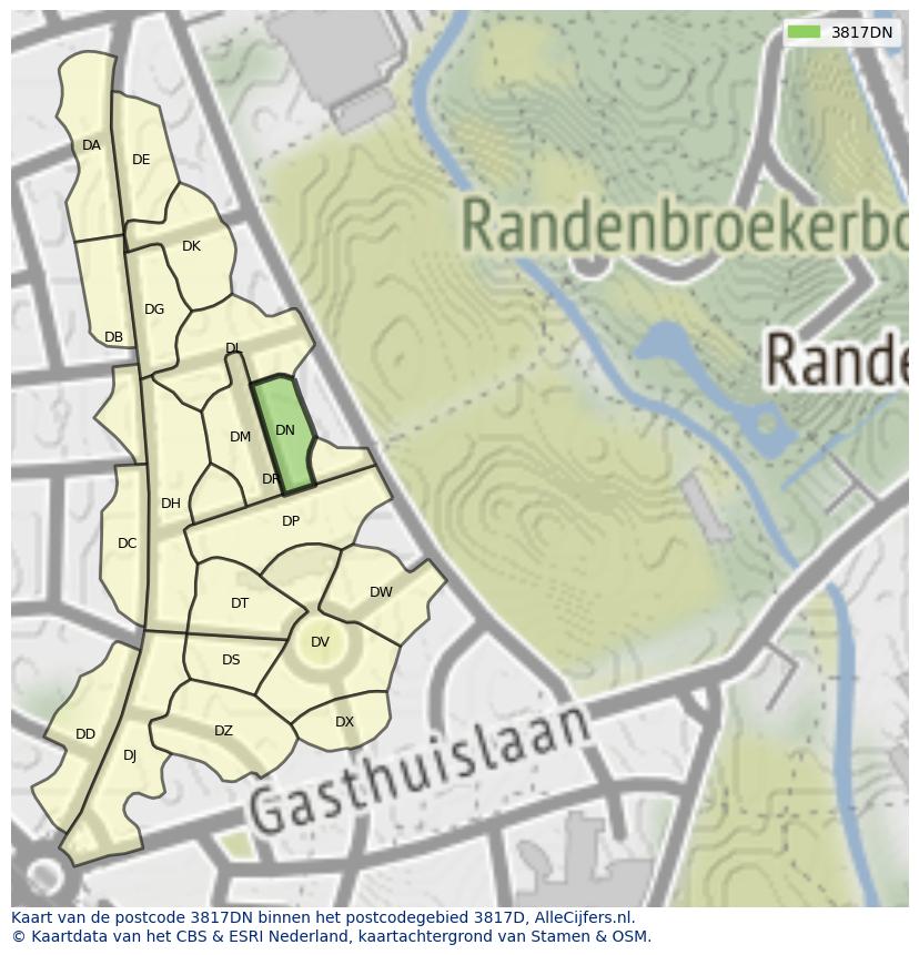 Afbeelding van het postcodegebied 3817 DN op de kaart.
