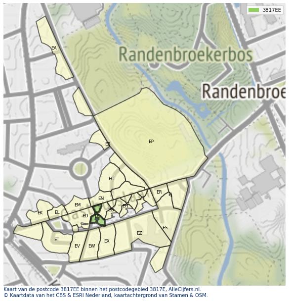 Afbeelding van het postcodegebied 3817 EE op de kaart.