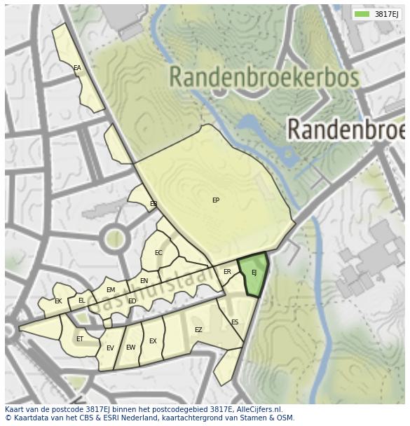 Afbeelding van het postcodegebied 3817 EJ op de kaart.