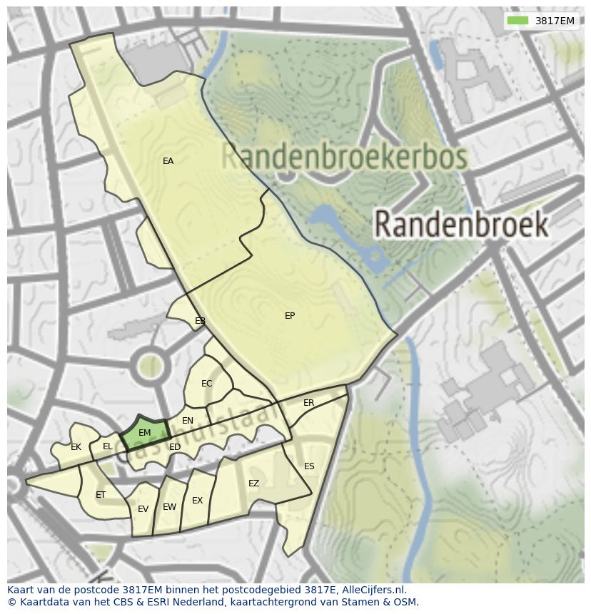 Afbeelding van het postcodegebied 3817 EM op de kaart.