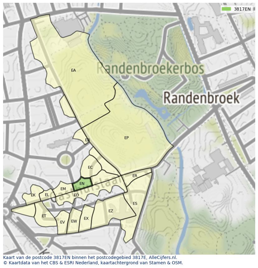 Afbeelding van het postcodegebied 3817 EN op de kaart.