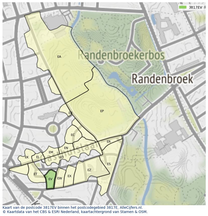 Afbeelding van het postcodegebied 3817 EV op de kaart.