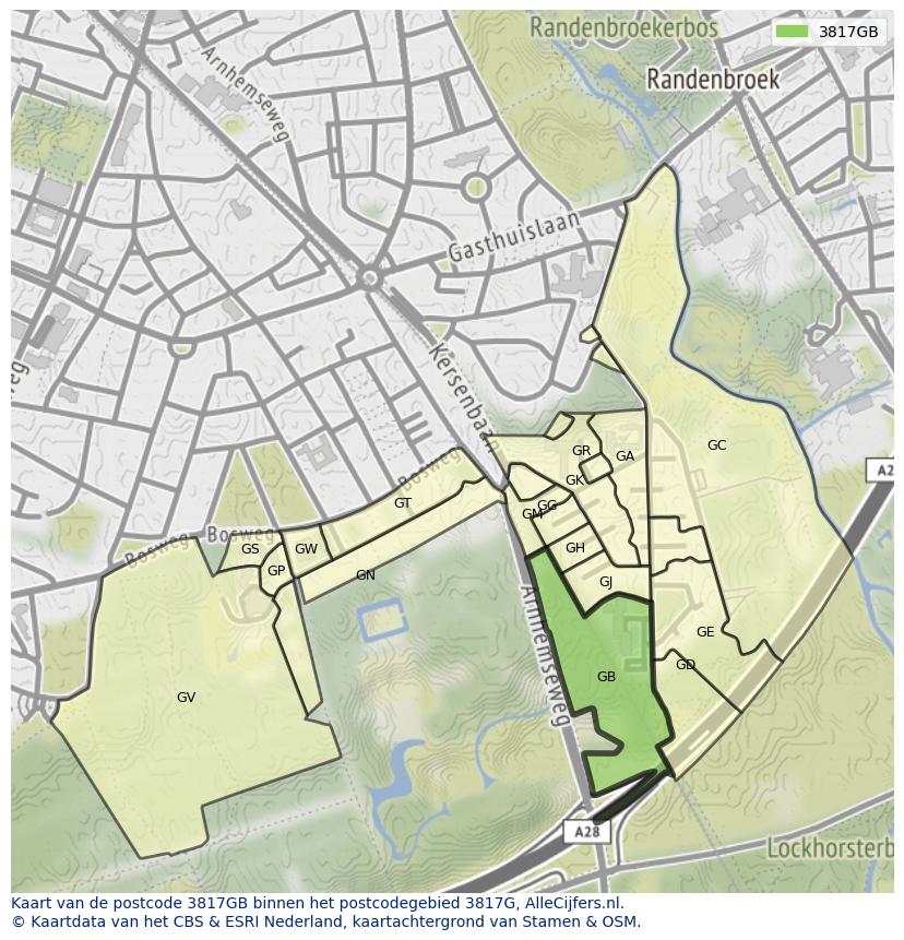Afbeelding van het postcodegebied 3817 GB op de kaart.
