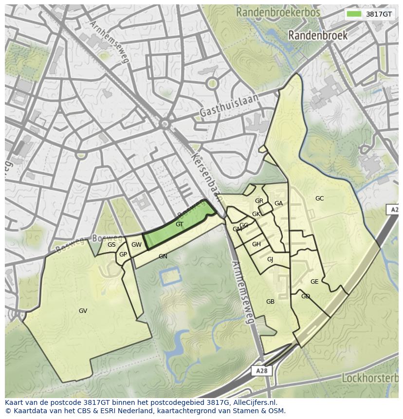 Afbeelding van het postcodegebied 3817 GT op de kaart.