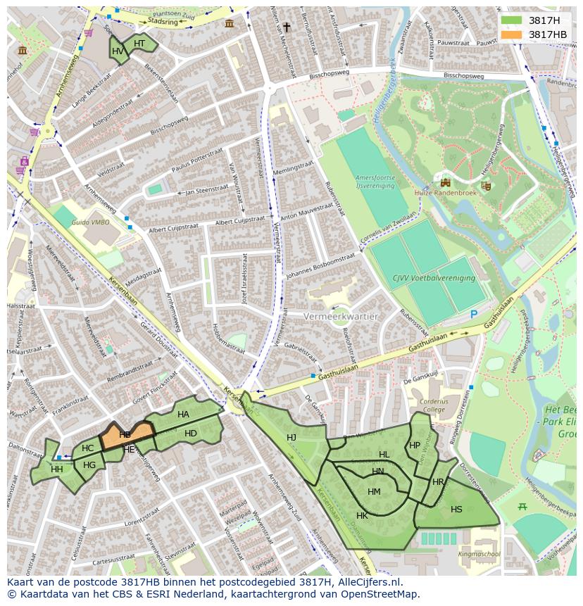 Afbeelding van het postcodegebied 3817 HB op de kaart.