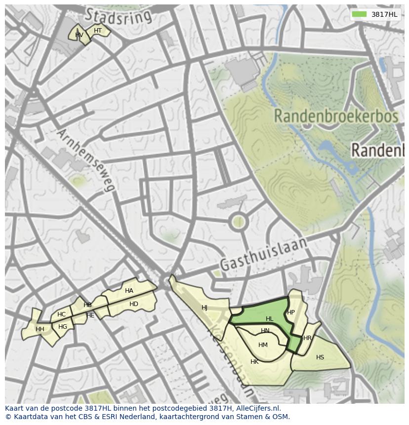 Afbeelding van het postcodegebied 3817 HL op de kaart.